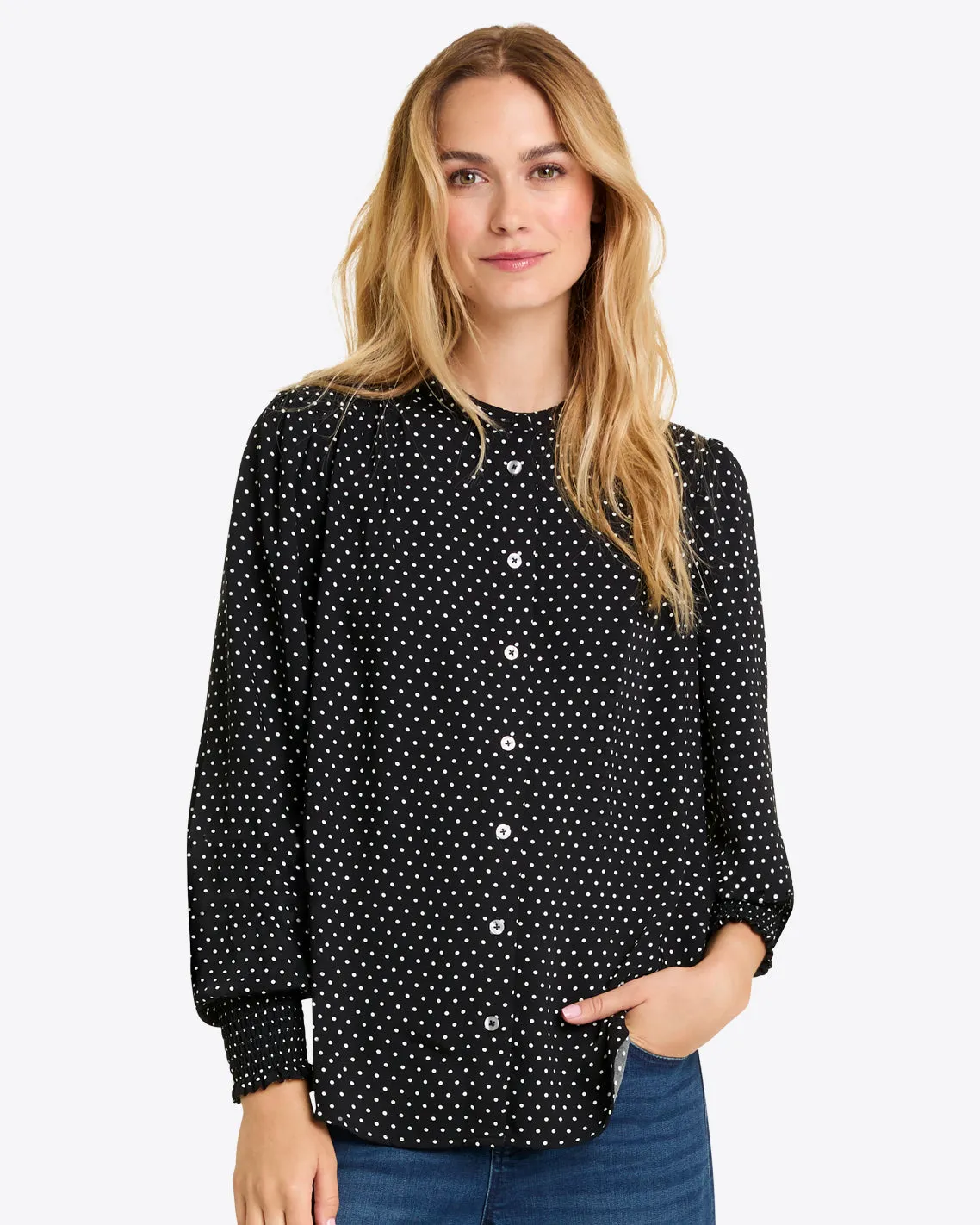 Evelyn Buttondown Top in Polka Dot sold by Draper James