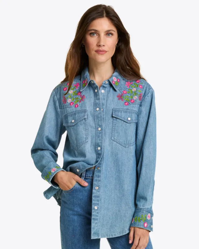 Lynn Embroidered Long Sleeve Top in Denim made by Draper James