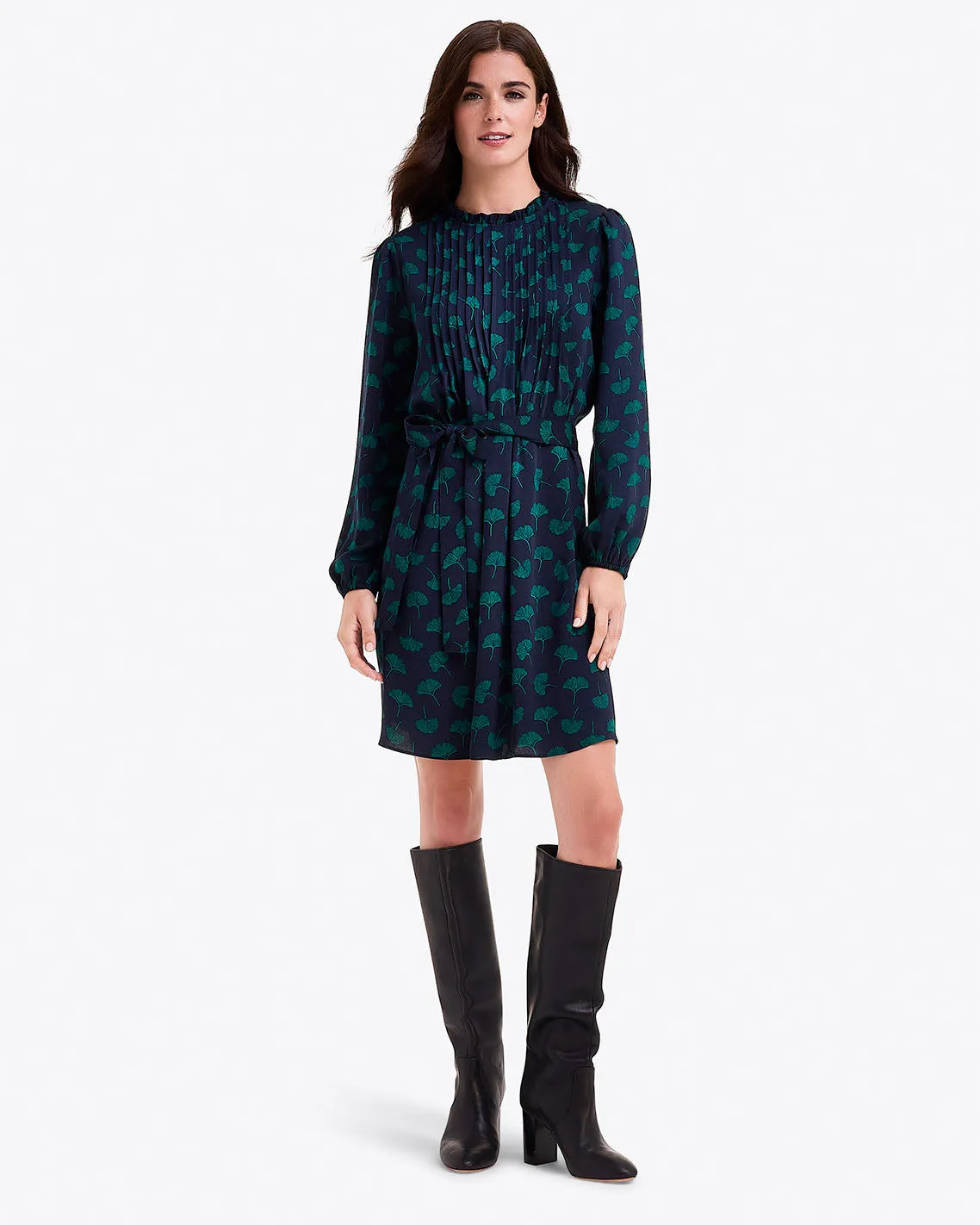 Long Sleeve Belted Dress in Ginko Leaf sold by Draper James