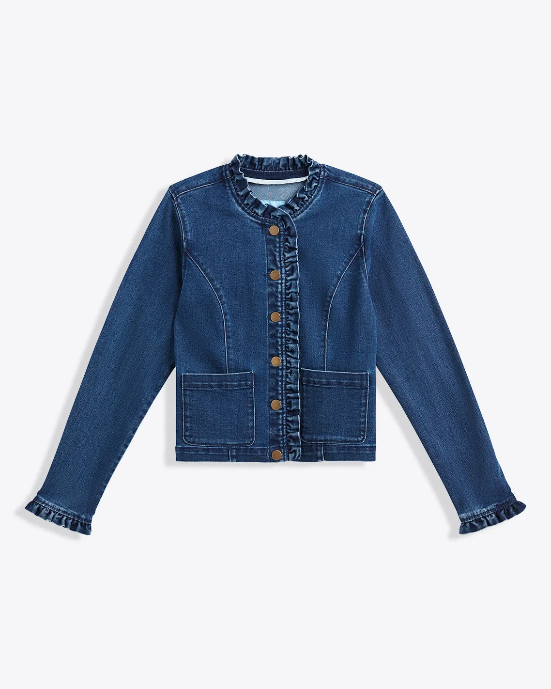 Ruffle Denim Jacket in Dark Wash sold by Draper James