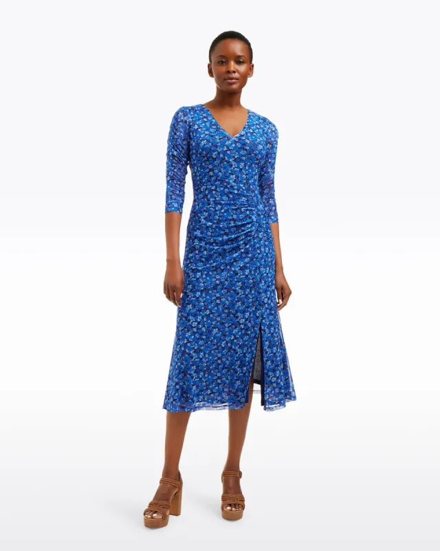 Selena V-Neck Midi Dress in Blue Scattered Ditsy sold by Draper James