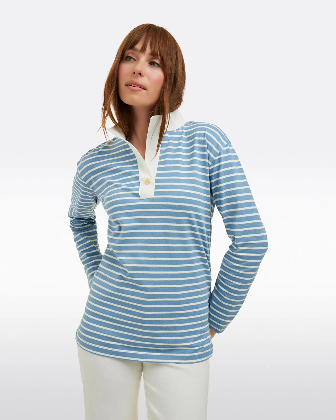 Gillian Long Sleeve Top in Blue Mariner Stripe sold by Draper James