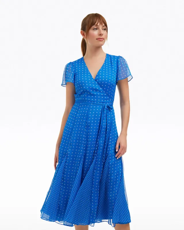 Daphne Wrap Dress in Royal Blue Polka Dot sold by Draper James