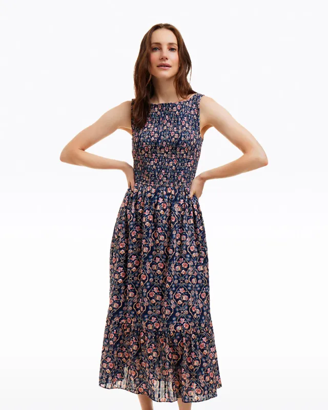 Wren Sleeveless Smocked Midi Dress in Twilight Vines sold by Draper James