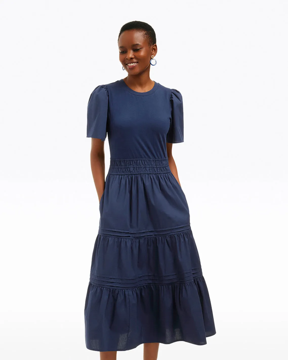 Cleo Mixed Media Midi Dress in Navy sold by Draper James