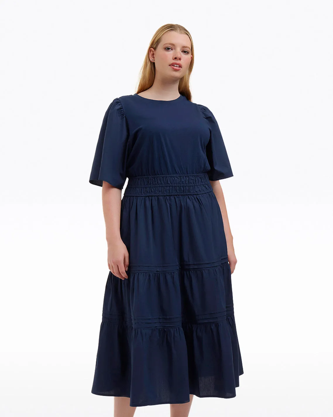 Cleo Mixed Media Midi Dress in Navy sold by Draper James product image thumbnail 3