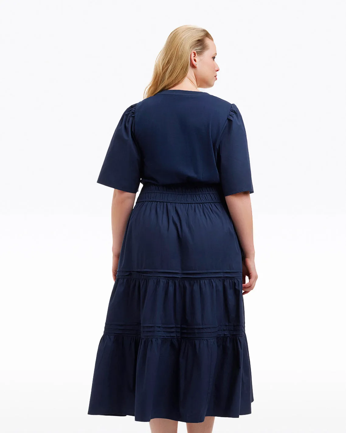 Cleo Mixed Media Midi Dress in Navy sold by Draper James product image thumbnail 4