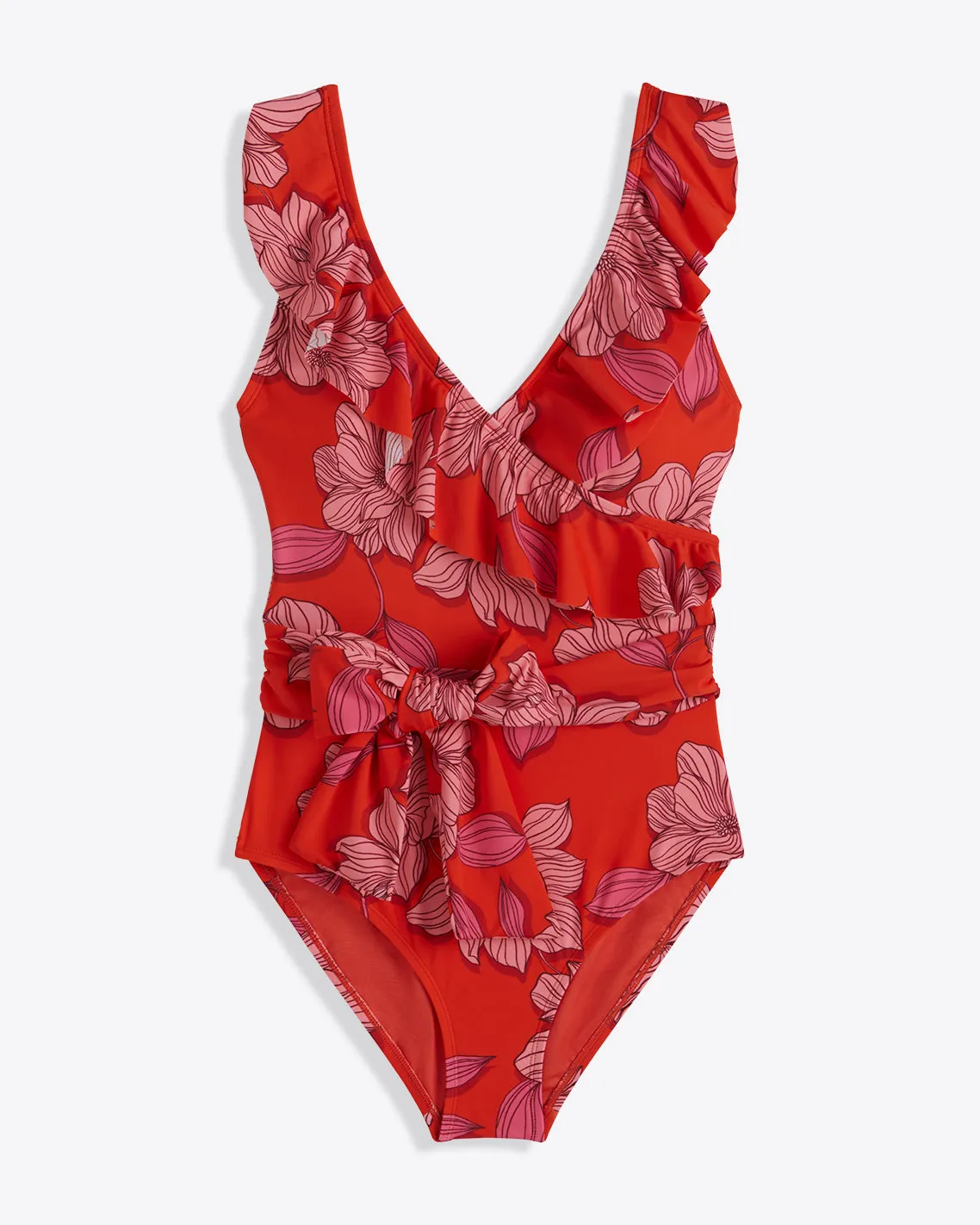 Red Magnolia Ruffle One Piece with Belt sold by Draper James product image thumbnail 3