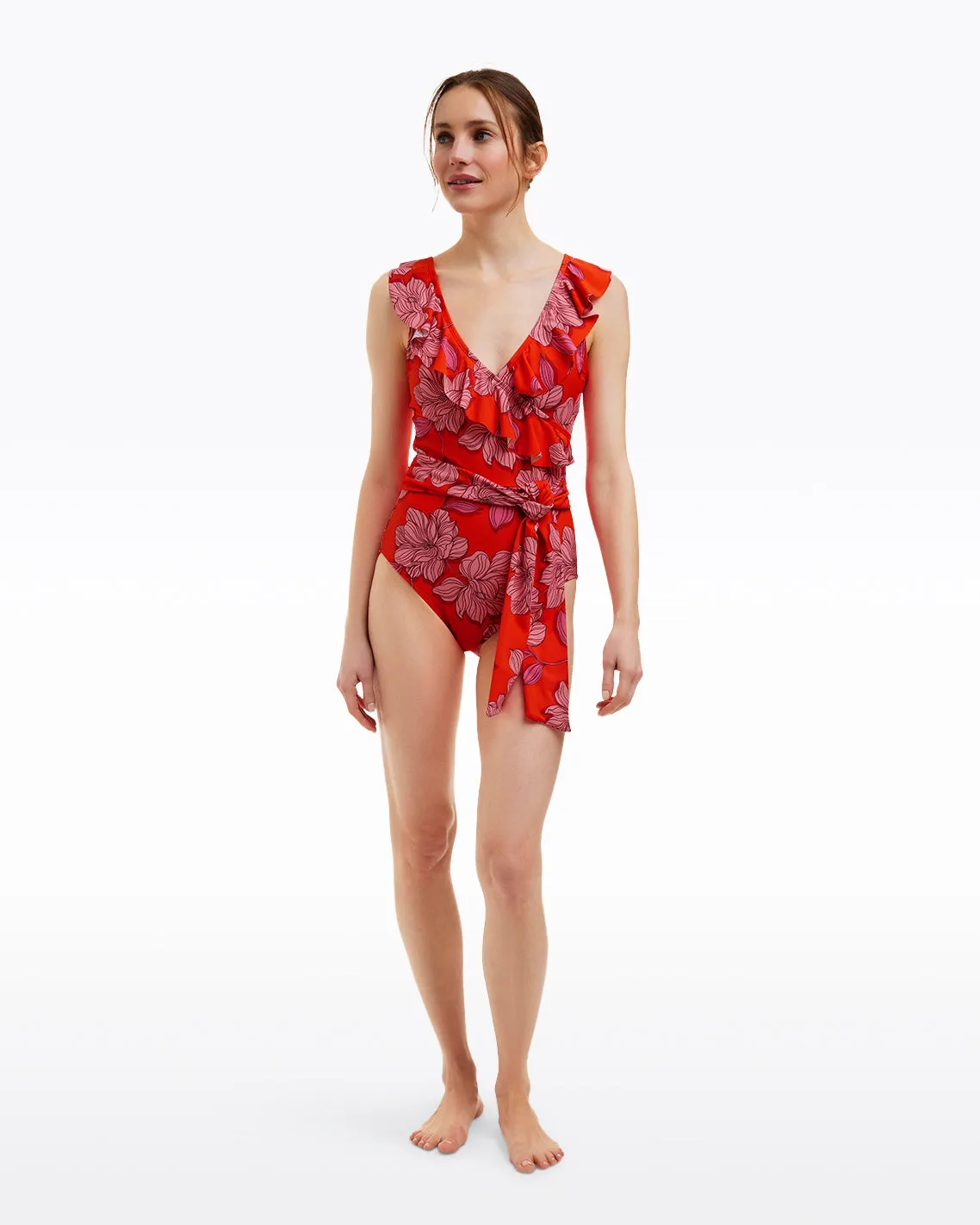 Red Magnolia Ruffle One Piece with Belt sold by Draper James