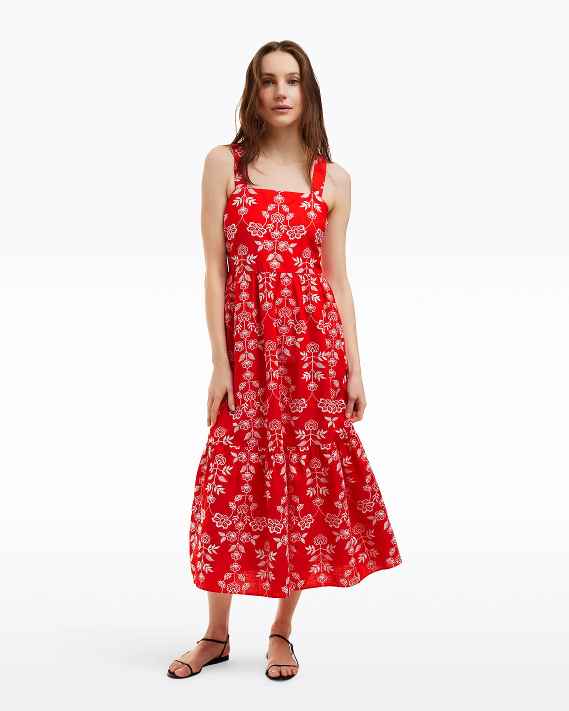 Cynthia Embroidered Midi Dress in Red Floral Embroidery sold by Draper James