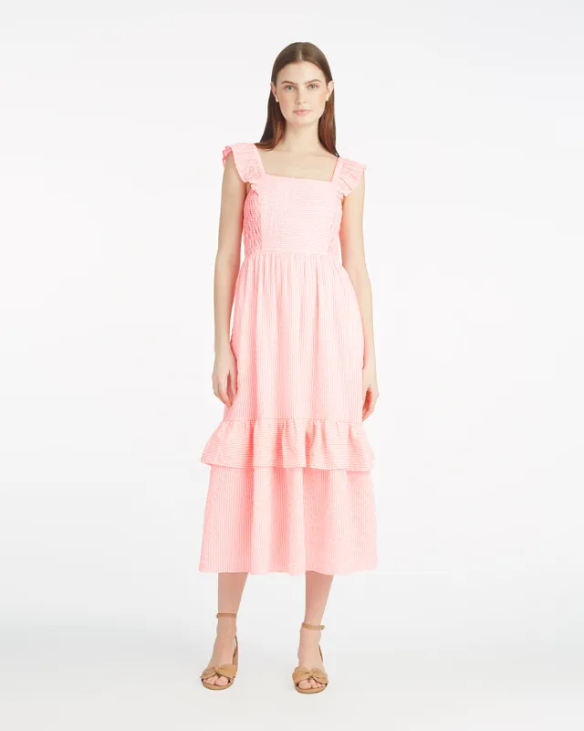 Carrie Midi Dress in Pink Seersucker sold by Draper James