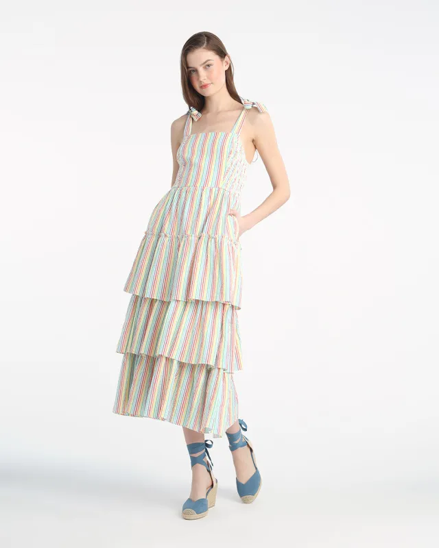 Taylor Tiered Midi Dress in Rainbow Stripes sold by Draper James