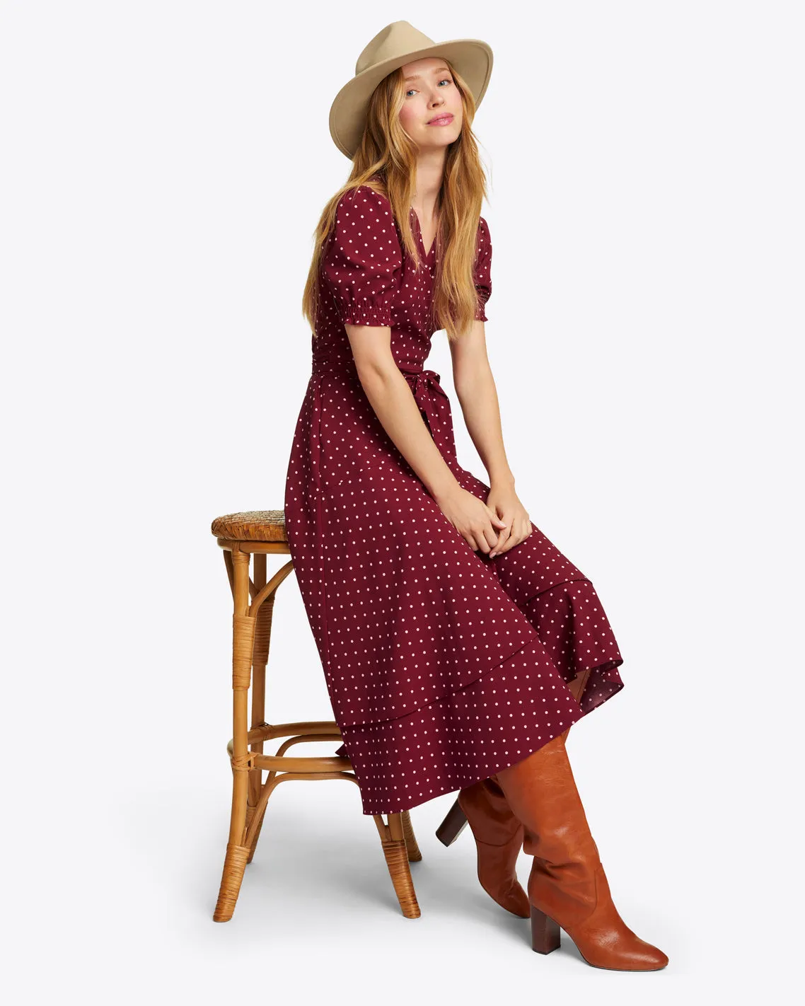 Naomi Wrap Dress in Merlot Polka Dot sold by Draper James