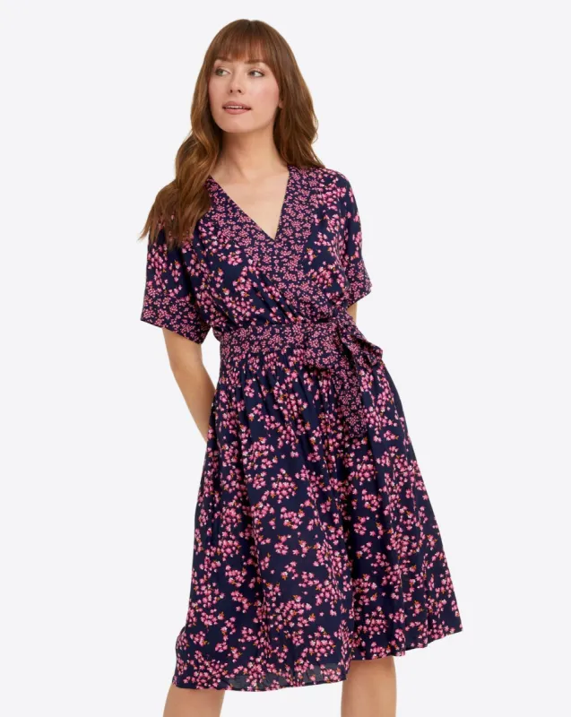 Miranda Wrap Dress in Navy Cherry Blossom sold by Draper James