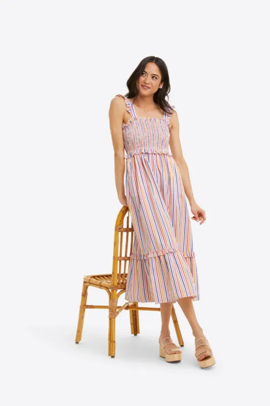 Kimberly Smocked Midi Dress in Multi Stripe sold by Draper James