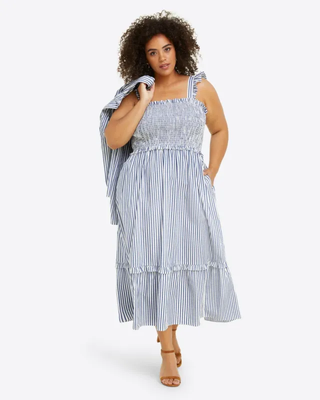 Kimberly Smocked Dress in Blue Shirting Stripe sold by Draper James