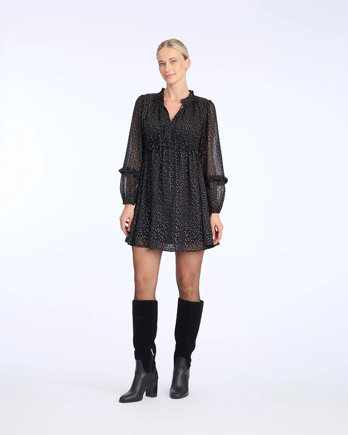 Leah Long-Sleeve Mini Dress in Foil Dot sold by Draper James