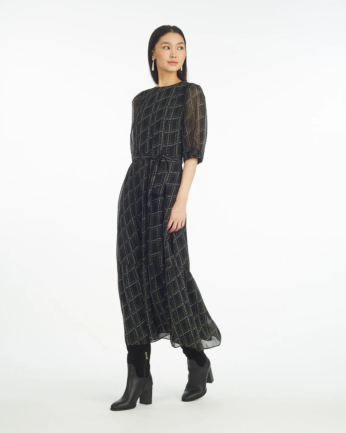 Sophie Tie Waist Midi Dress in Dainty Check sold by Draper James