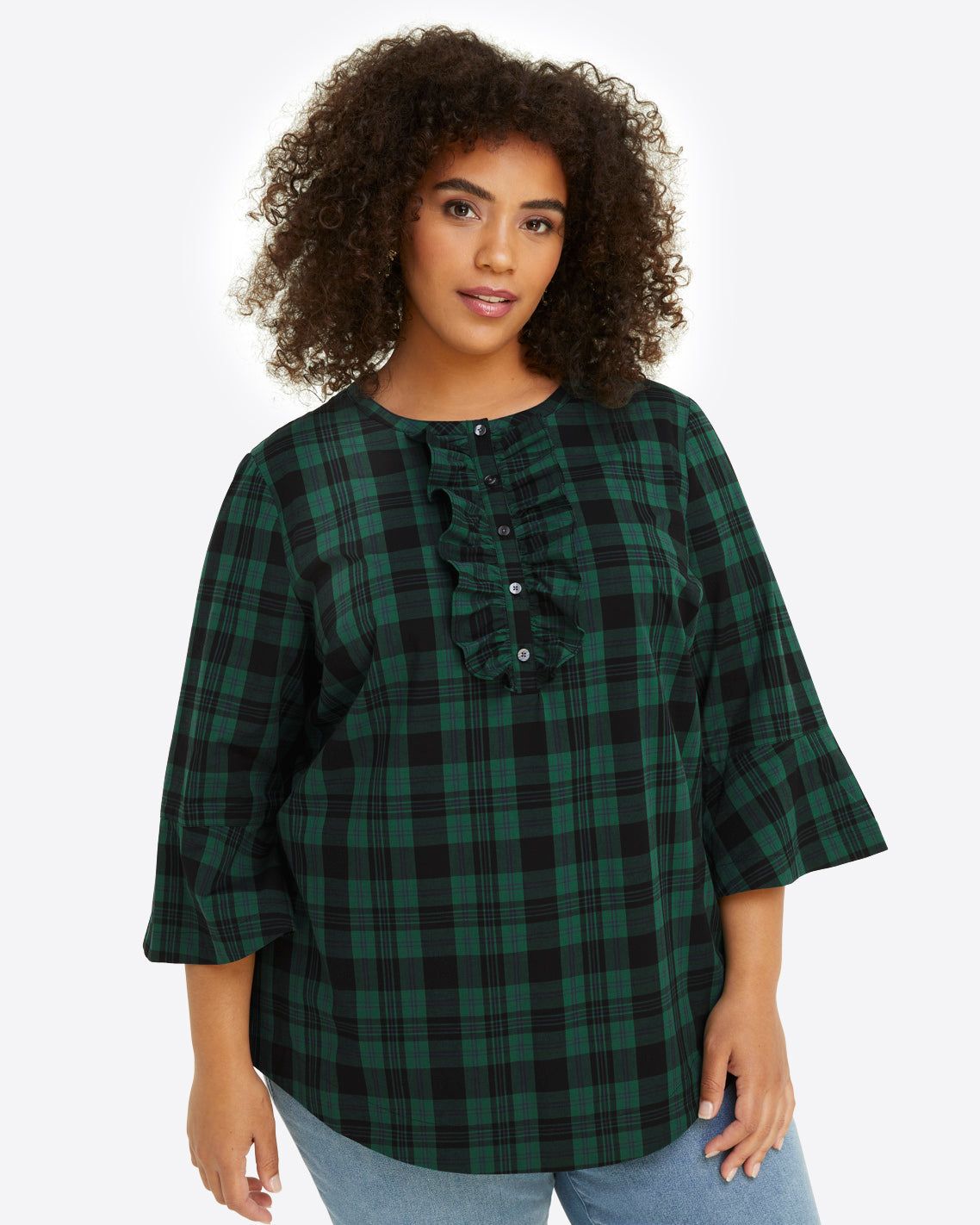 Ruffle Placket Tunic in Blackwatch Plaid sold by Draper James