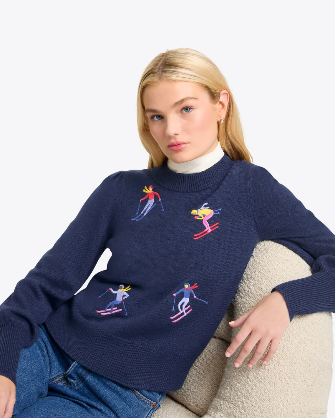 Crewneck Sweater in Embroidered Skier sold by Draper James