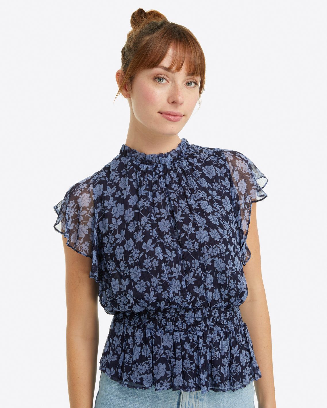 Kacey Smocked Waist Top in Navy Magnolia sold by Draper James