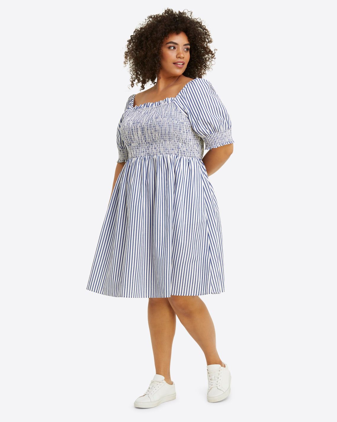 Cam Smocked Dress in Blue Shirting Stripe sold by Draper James product image thumbnail 3