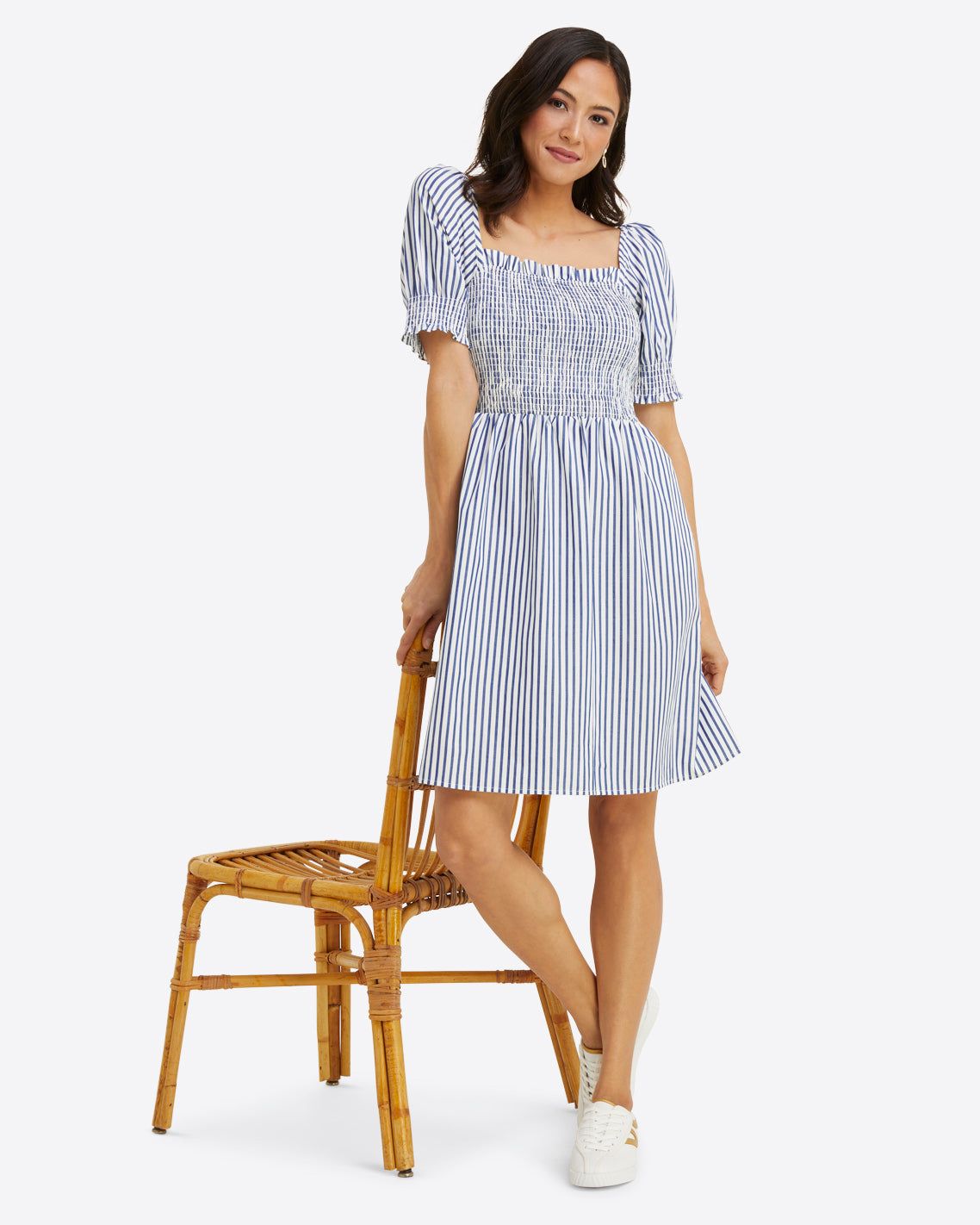 Cam Smocked Dress in Blue Shirting Stripe sold by Draper James