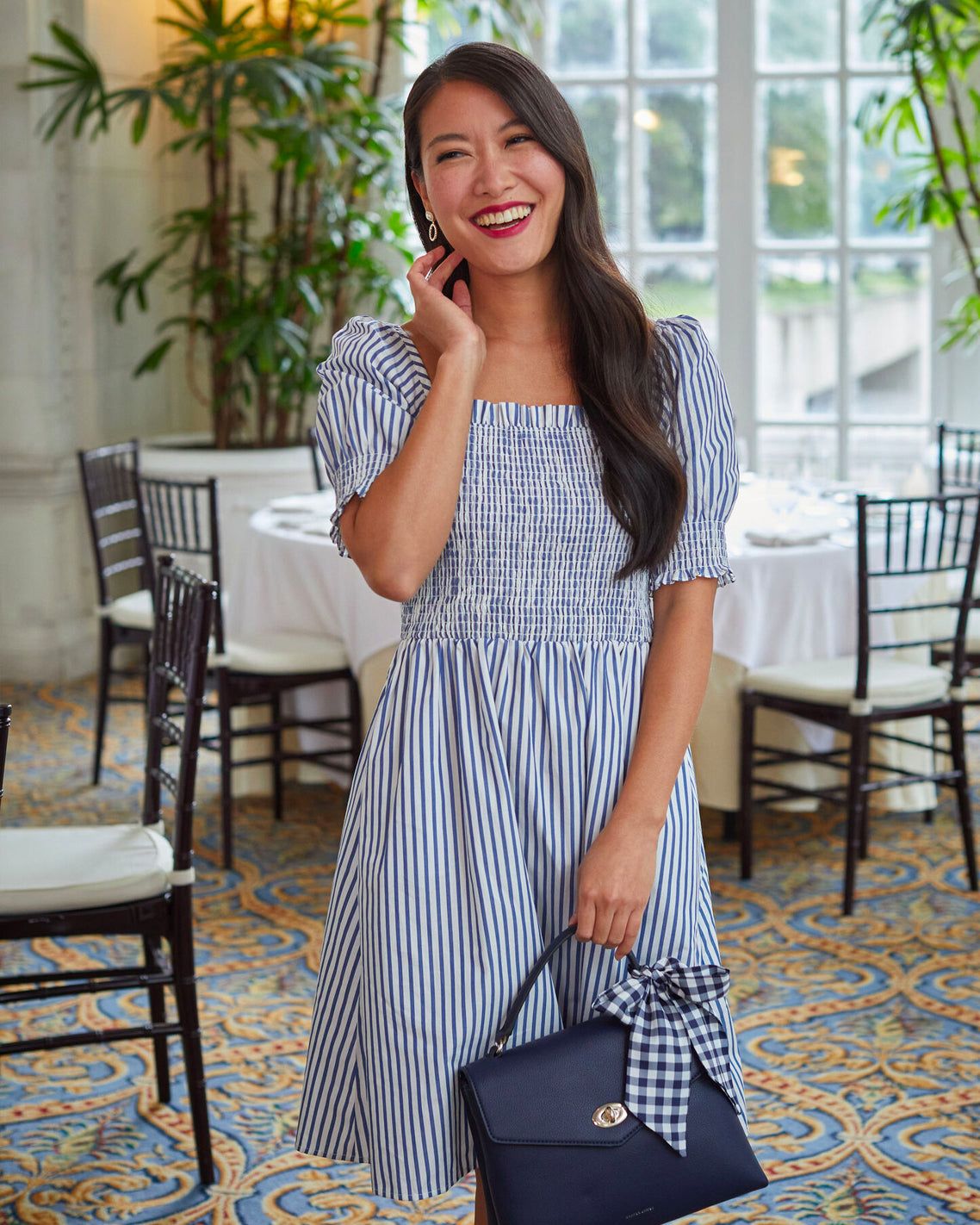 Cam Smocked Dress in Blue Shirting Stripe sold by Draper James product image thumbnail 4