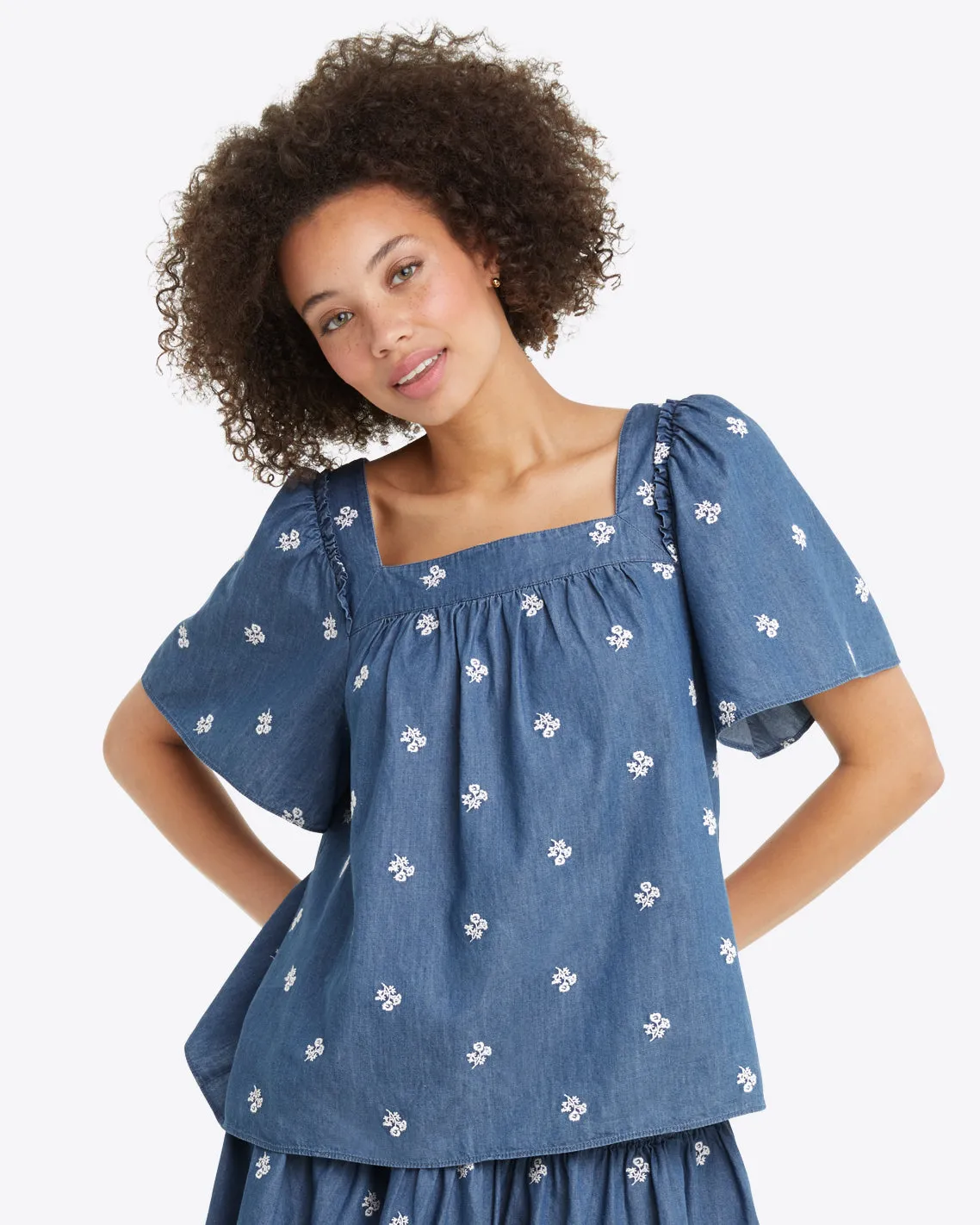 Maren Top in Embroidered Chambray sold by Draper James