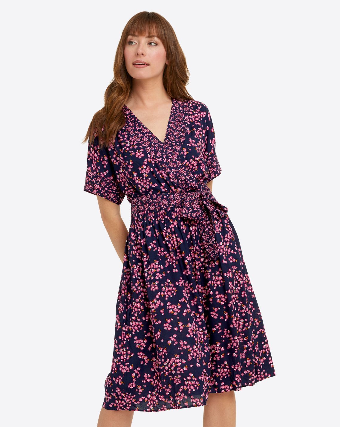 Miranda Wrap Dress in Navy Cherry Blossom sold by Draper James
