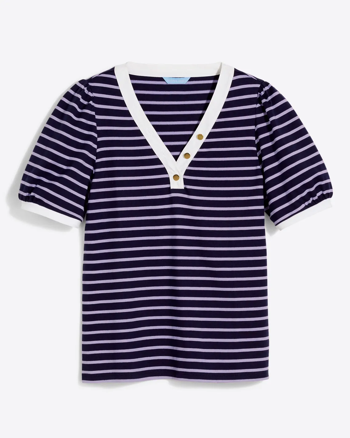 V-Neck Puff Sleeve T-Shirt in Nassau Navy Nautical Stripe sold by Draper James product image thumbnail 2