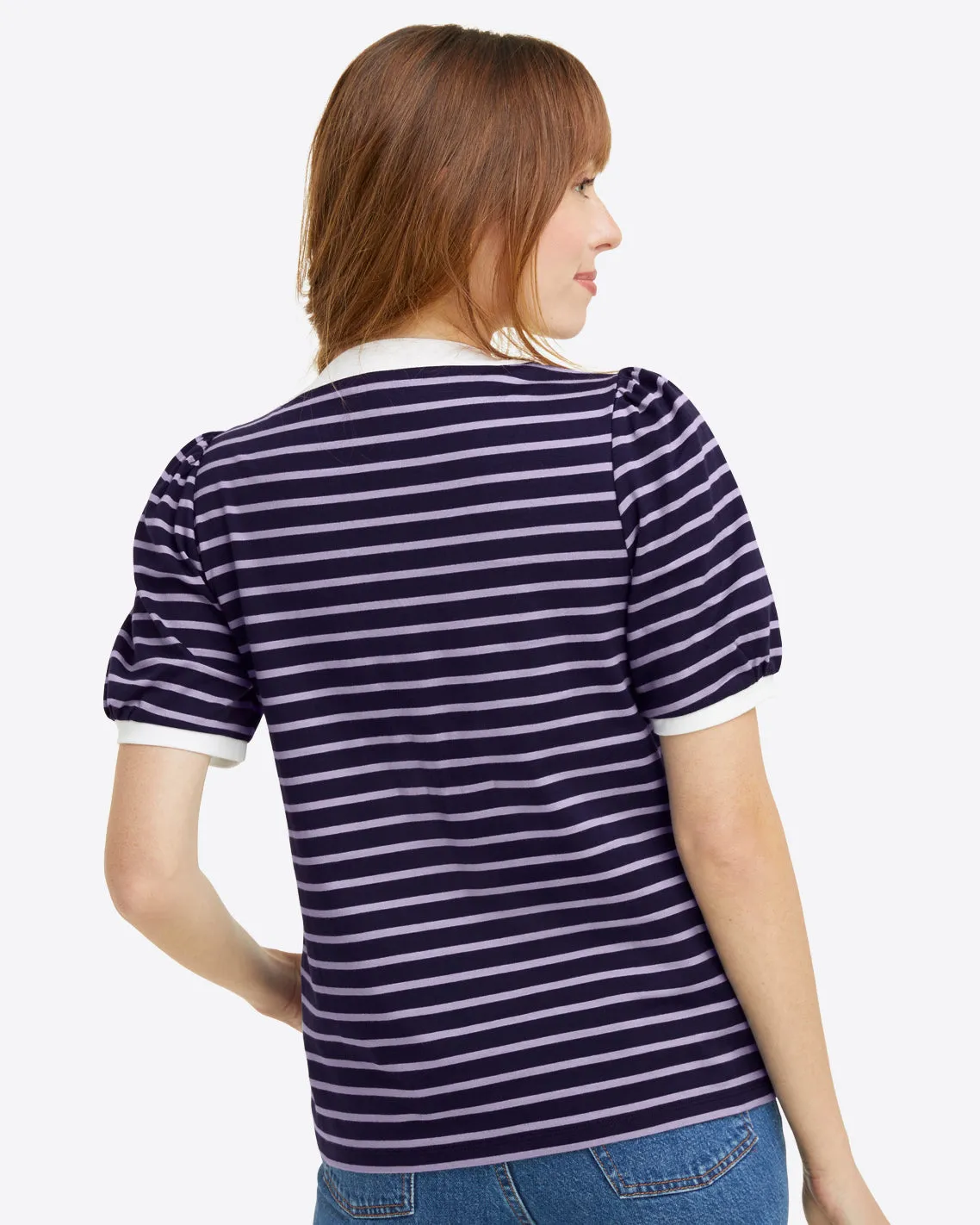 V-Neck Puff Sleeve T-Shirt in Nassau Navy Nautical Stripe sold by Draper James product image thumbnail 3