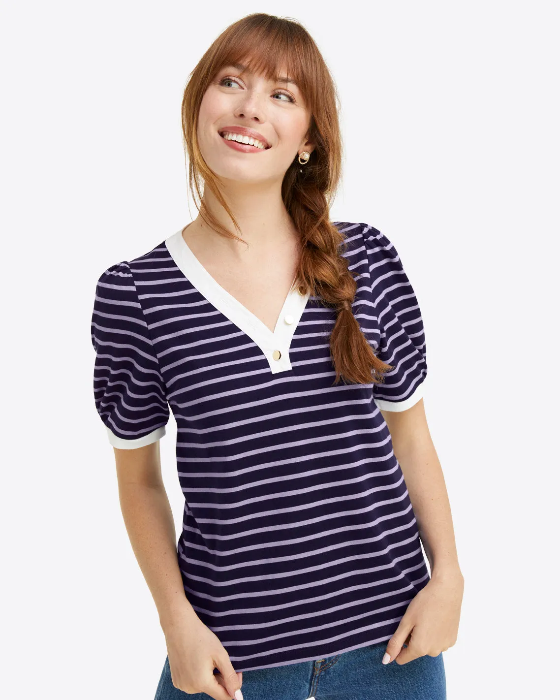 V-Neck Puff Sleeve T-Shirt in Nassau Navy Nautical Stripe sold by Draper James