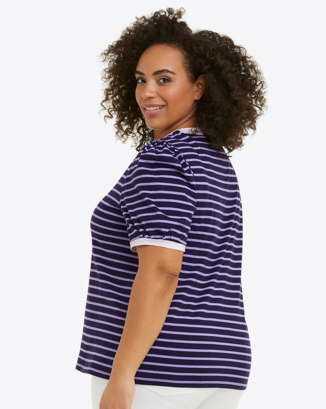 V-Neck Puff Sleeve T-Shirt in Nassau Navy Nautical Stripe sold by Draper James product image thumbnail 5