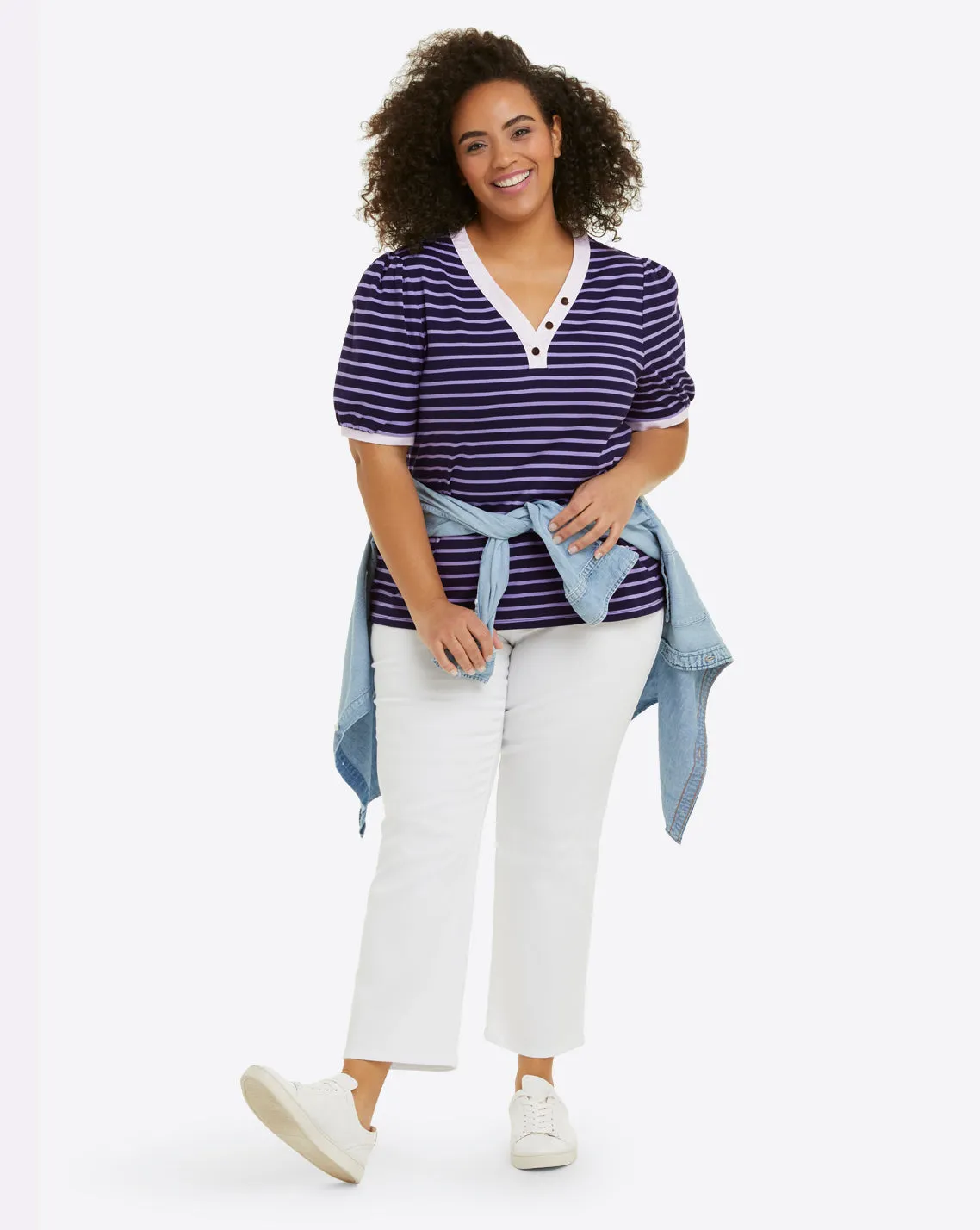 V-Neck Puff Sleeve T-Shirt in Nassau Navy Nautical Stripe sold by Draper James product image thumbnail 4