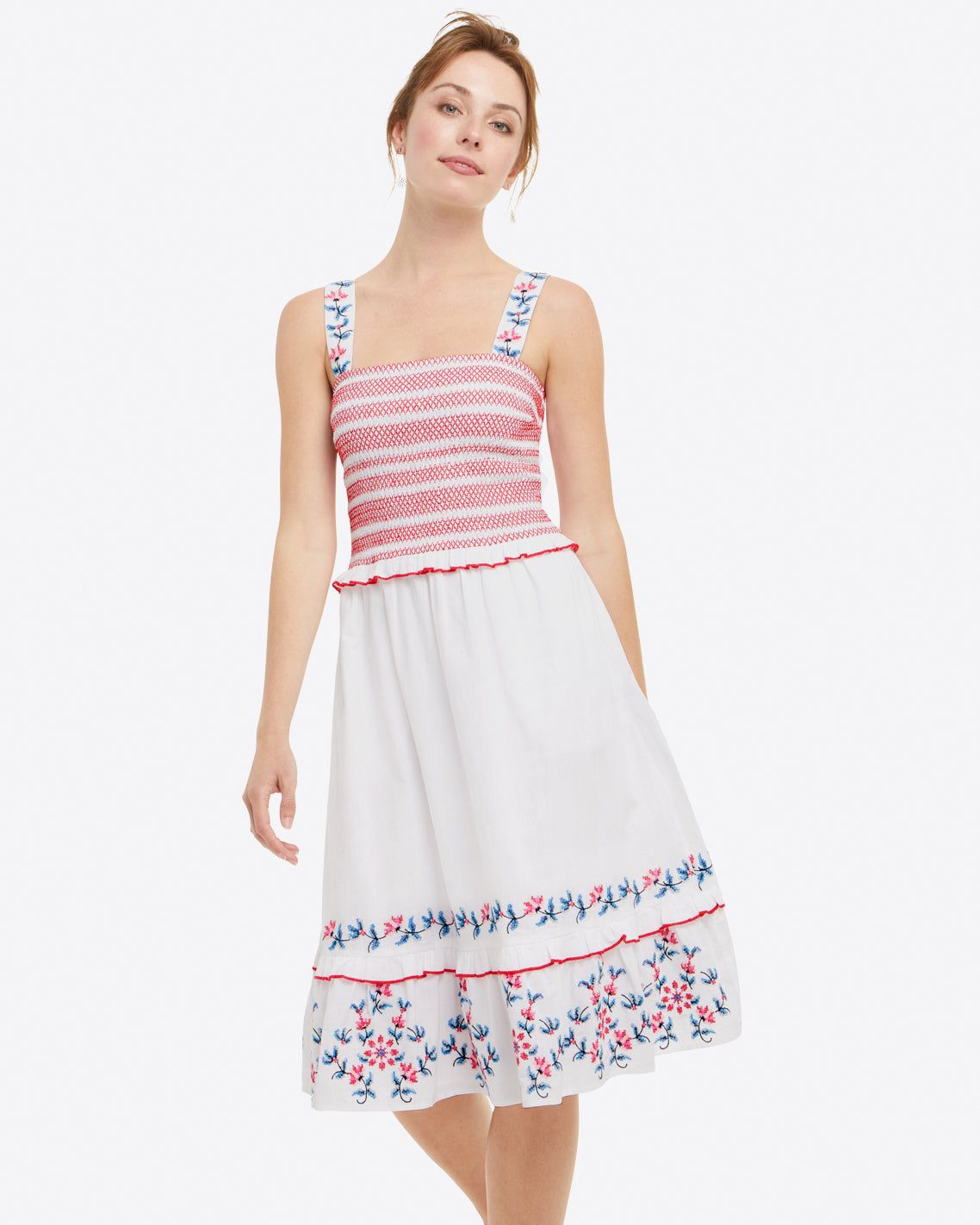 Taylor Smocked Dress in Embroidered Camellia sold by Draper James