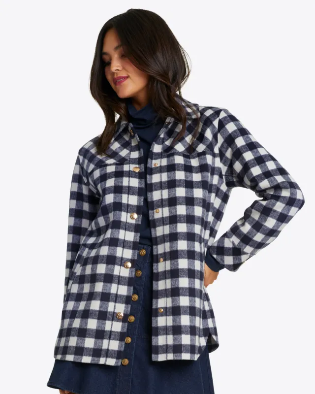 Shirt Jacket in Navy Gingham sold by Draper James