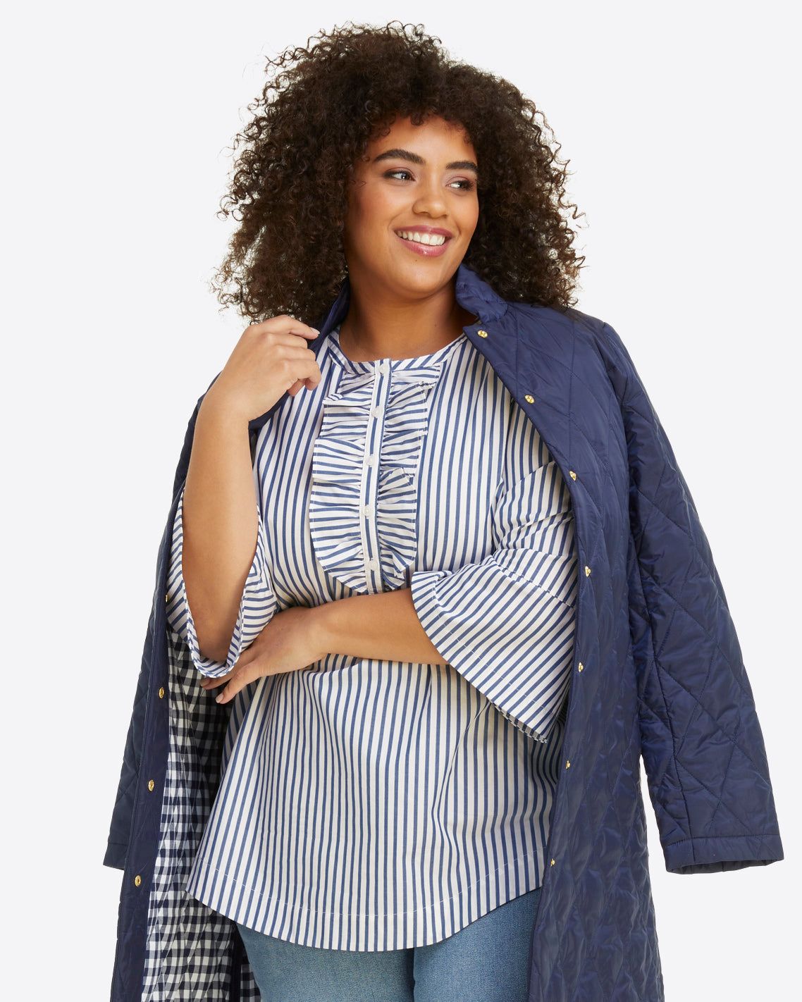 Ruffle Placket Tunic in Blue Shirting Stripe sold by Draper James