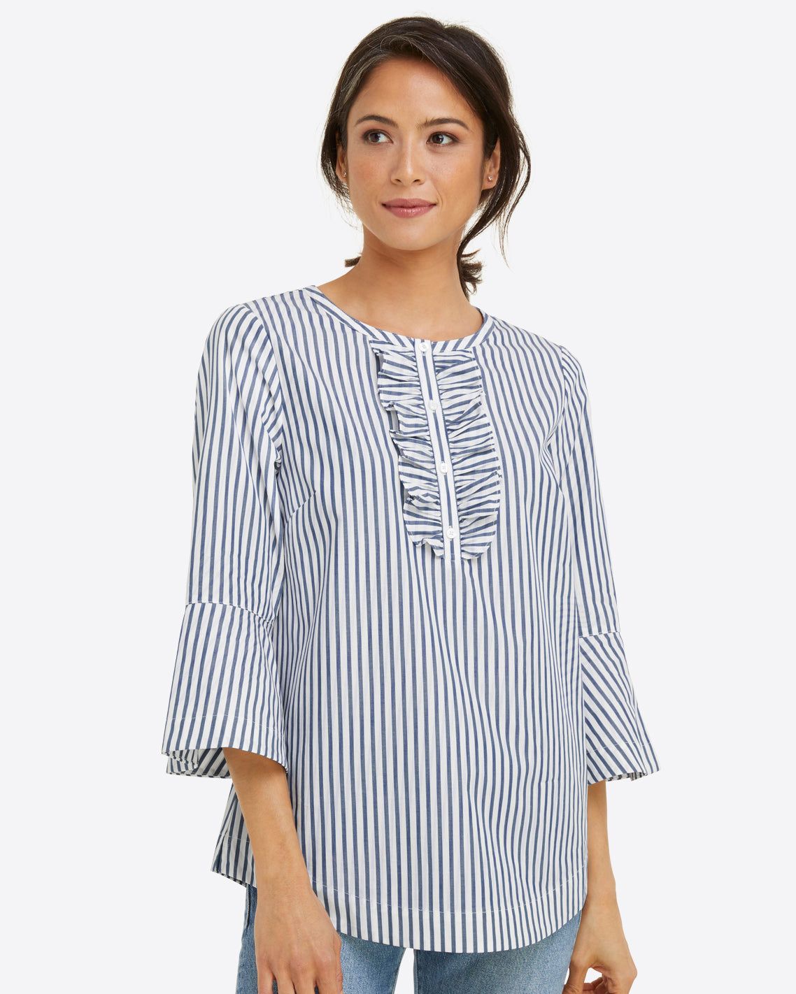 Ruffle Placket Tunic in Blue Shirting Stripe sold by Draper James product image thumbnail 4