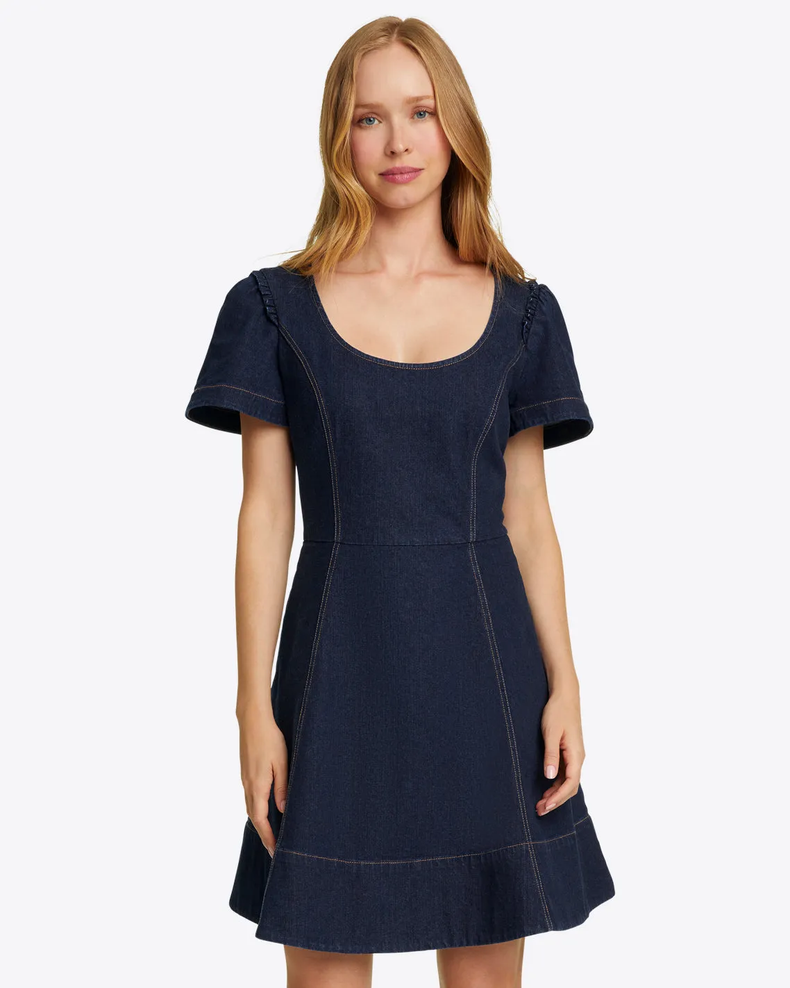 Faith Love Circle Mini Dress in Dark Wash sold by Draper James