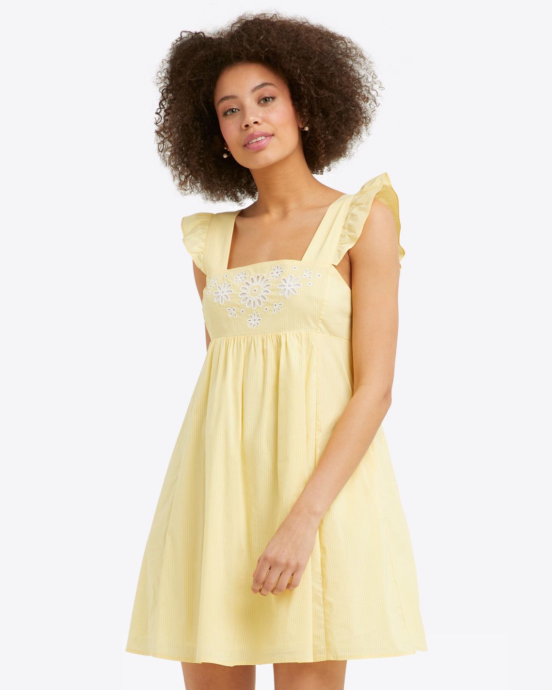 Maddie Embroidered Babydoll Dress in Yellow Stripe sold by Draper James