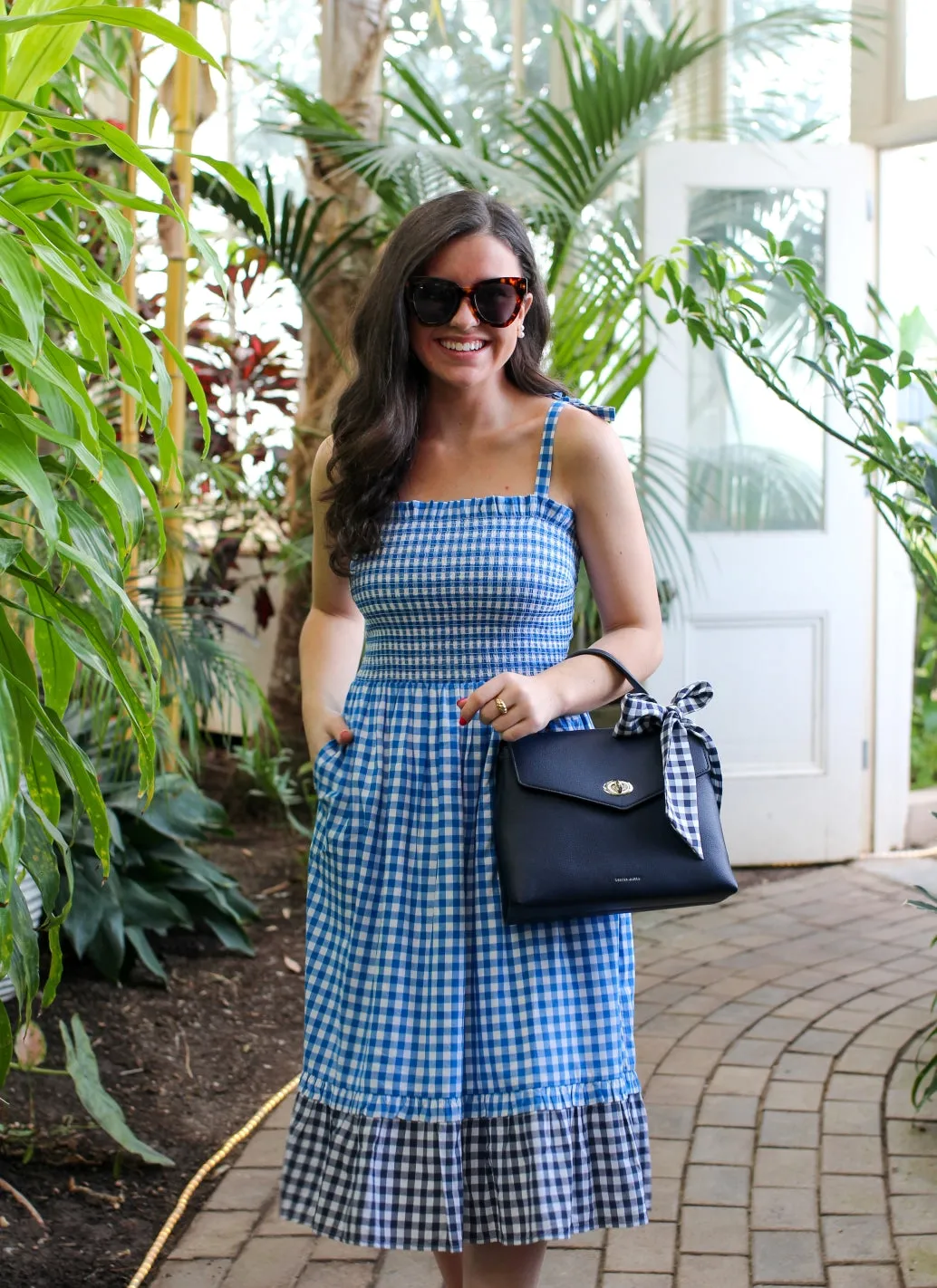 Taylor Smocked Dress in Blue Gingham sold by Draper James