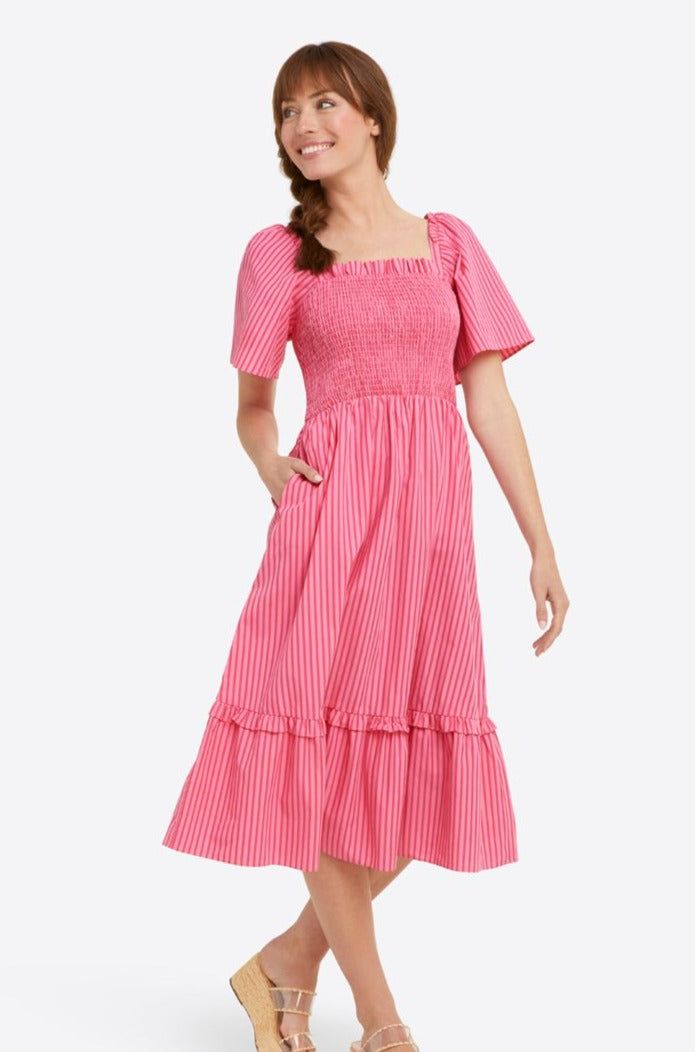 Deana Smocked Dress in Pink Stripe sold by Draper James