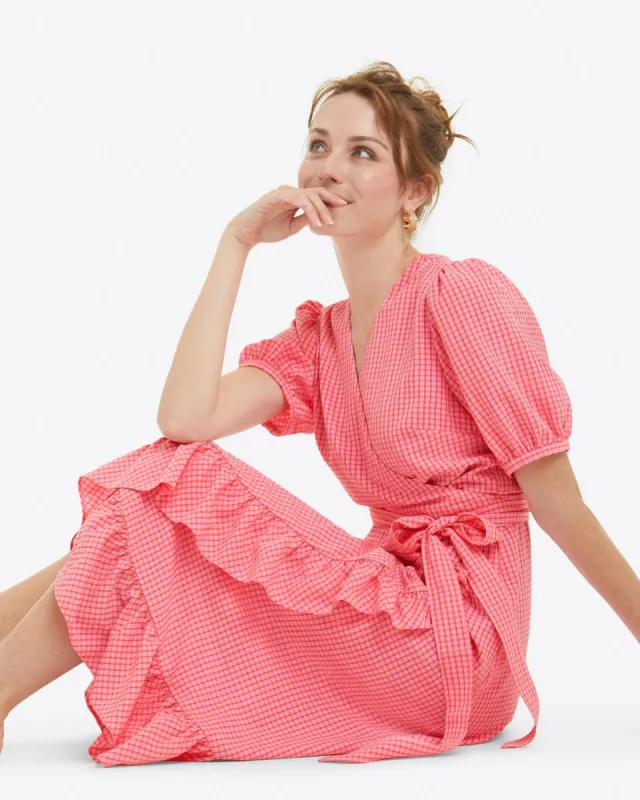 Reba Flutter Wrap Dress in Gingham Seersucker sold by Draper James