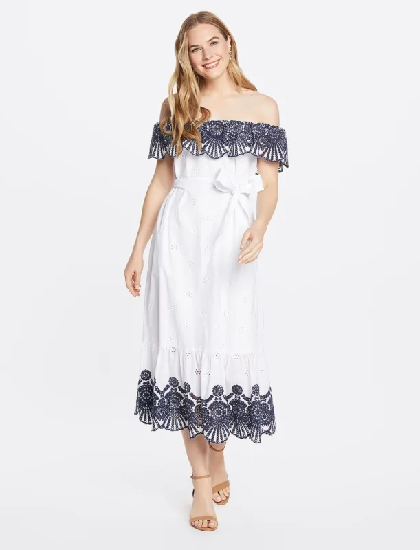 Off the Shoulder Flounce Midi Dress sold by Draper James