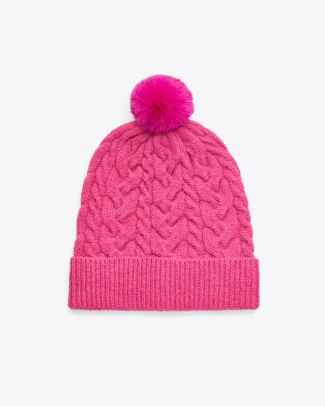 Cable Knit Hat with Pom Pom in Raspberry Pink sold by Draper James