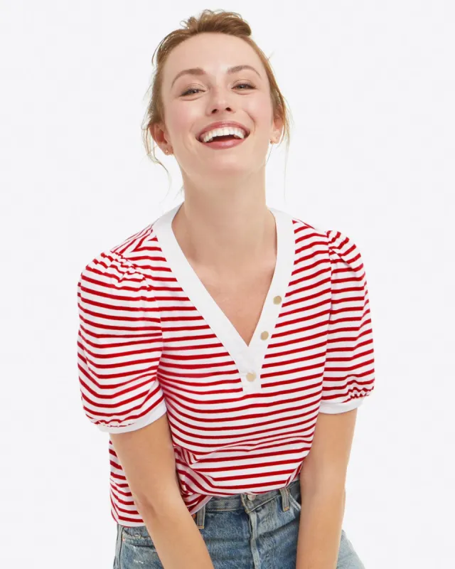 V-Neck Puff Short Sleeve T-Shirt in Lipstick Red Mariner Stripe sold by Draper James