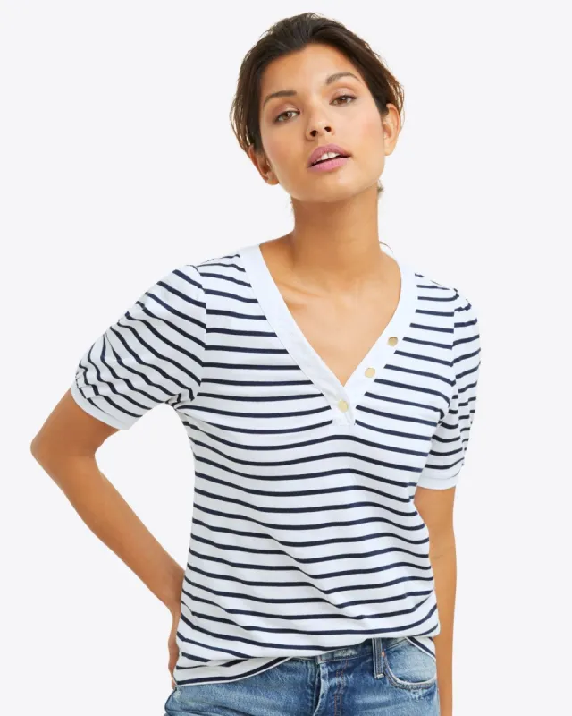 V-Neck Puff Short Sleeve T-Shirt in Nassau Navy Mariner Stripe sold by Draper James