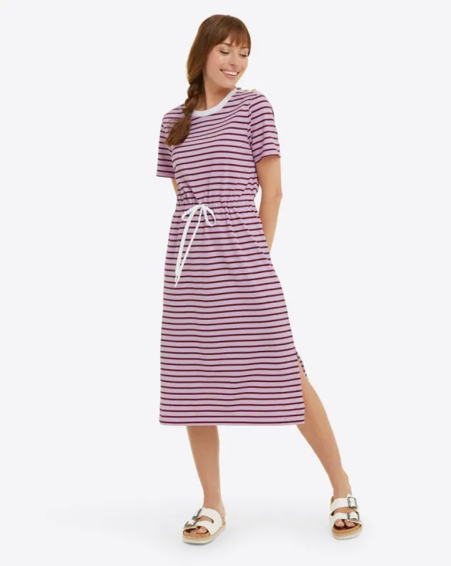 Tie Waist Midi T-Shirt Dress in Dark Pink Mariner Stripe sold by Draper James