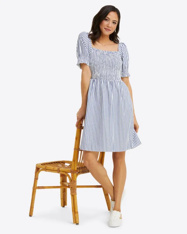 Cam Smocked Dress in Blue Shirting Stripe sold by Draper James